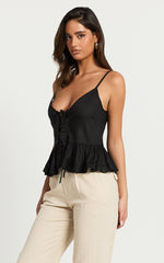 Maya Top - Linen Tie Front Ruffle Hem Top in Black