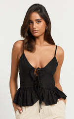 Maya Top - Linen Tie Front Ruffle Hem Top in Black