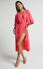 Meagan Midi Dress - V Neck Flutter Sleeve Pleated Detail Wrap in Pink