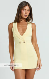 Melanie Mini Dress - Collared Halter Double Breasted Fitted Dress in Lemon