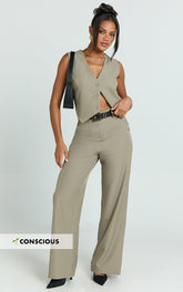 Melinda Pants - Recycled Tailored High Waist Wide Leg Pants in Light Olive