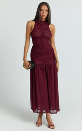 Metzie Maxi Dress - High Neck Gathered Mesh Dress in Burgundy