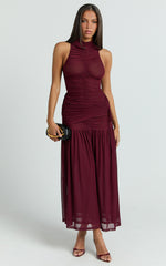 Metzie Maxi Dress - High Neck Gathered Mesh Dress in Burgundy