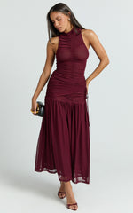 Metzie Maxi Dress - High Neck Gathered Mesh Dress in Burgundy