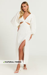 Miggy Midi Dress - Puff Sleeve Cut Out Split Dress in White