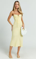 Mikayla Midi Dress - Linen Scoop Neck Ruched Bust Corset Waist Bias Skirt Dress in Lemon