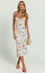Mikayla Midi Dress - Linen Scoop Neck Ruched Bust Corset Waist Bias Skirt Dress in Pomodoro Paradise Print