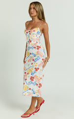 Mikayla Midi Dress - Linen Scoop Neck Ruched Bust Corset Waist Bias Skirt Dress in Pomodoro Paradise Print
