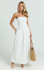 Mikkie Midi Dress - Strapless Drop Waist Side Detailing Dress in White
