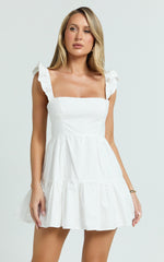 Miles Mini Dress - Ruffle Sleeve Tiered Dress in White