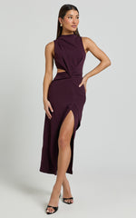 Millie Midi Dress - Front Twist Cut Out Thigh Split Dress in Wine