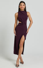 Millie Midi Dress - Front Twist Cut Out Thigh Split Dress in Wine