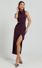 Millie Midi Dress - Front Twist Cut Out Thigh Split Dress in Wine
