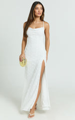 Mimi Maxi Dress - Embroidered Cowl Neck High Split Dress in White