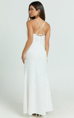 Mimi Maxi Dress - Embroidered Cowl Neck High Split Dress in White