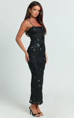 Mina Midi Dress - Embroidered Mesh Dress in Black