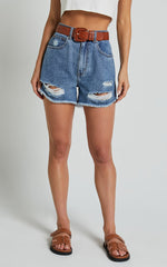 Mindae Shorts - Recycled Cotton Ripped Denim Shorts in Blue