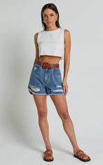 Mindae Shorts - Recycled Cotton Ripped Denim Shorts in Blue