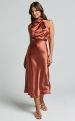 Minnie Midi Dress - Drape Neck Satin Slip Dress in Copper