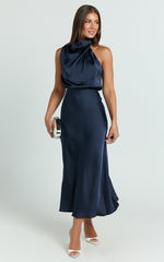 Minnie Midi Dress - Drape Neck Satin Slip Dress in Midnight Blue