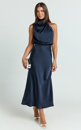 Minnie Midi Dress - Drape Neck Satin Slip Dress in Midnight Blue