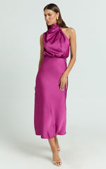 Minnie Midi Dress - Drape Neck Satin Slip Dress in Purple