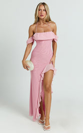 Mirabella Maxi Dress - Off Shoulder Asymmetrical Ruffle Split Dress in Blush