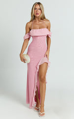 Mirabella Maxi Dress - Off Shoulder Asymmetrical Ruffle Split Dress in Blush