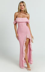 Mirabella Maxi Dress - Off Shoulder Asymmetrical Ruffle Split Dress in Blush