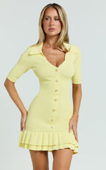 Mischa Mini Dress - Collared Short Sleeve Fit And Flare Knitted Dress in Lemon