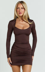 Misty Mini Dress - Wide Neckline Ruched Jersey Dress in Brown