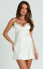 Mitchell Mini Dress - Lace V Neck Fit And Flare Slip Dress in Cream