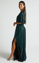 Miyah Maxi Dress - Sequin Plunge Short Sleeve Dress in Emerald