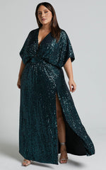 Miyah Maxi Dress - Sequin Plunge Short Sleeve Dress in Emerald