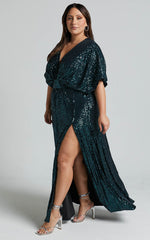 Miyah Maxi Dress - Sequin Plunge Short Sleeve Dress in Emerald