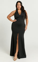 Moana Maxi Dress - Halter Plunge Front Split Dress in Black