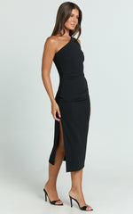 Monette Midi Dress - One Shoulder Straight Dress in Black