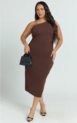 Monette Midi Dress - One Shoulder Straight Dress in Chocolate