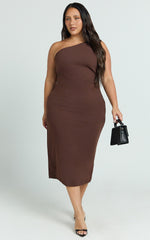 Monette Midi Dress - One Shoulder Straight Dress in Chocolate
