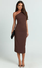 Monette Midi Dress - One Shoulder Straight Dress in Chocolate