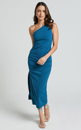 Monette Midi Dress - One Shoulder Straight Dress in Teal