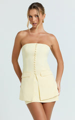 Monroe Two Piece Set - Strapless Button Down Longline Vest Top and High Waisted Mini Skirt in Butter Yellow