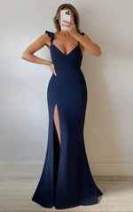 More Than This Maxi Dress - Ruffle Strap Thigh Split Dress in Navy