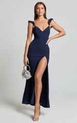 More Than This Maxi Dress - Ruffle Strap Thigh Split Dress in Navy