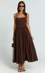 Morris Midi Dress - Linen Scoop Neck Gathered Dress in Chocolate