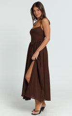 Morris Midi Dress - Linen Scoop Neck Gathered Dress in Chocolate