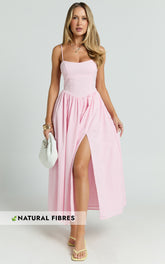 Morris Midi Dress - Linen Scoop Neck Gathered Dress in Pink