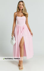 Morris Midi Dress - Linen Scoop Neck Gathered Dress in Pink