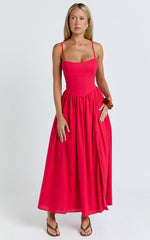 Morris Midi Dress - Linen Scoop Neck Gathered Dress in Red