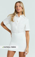 Muriel Mini Dress - Blouson Linen Blend Shirt Dress in Off White